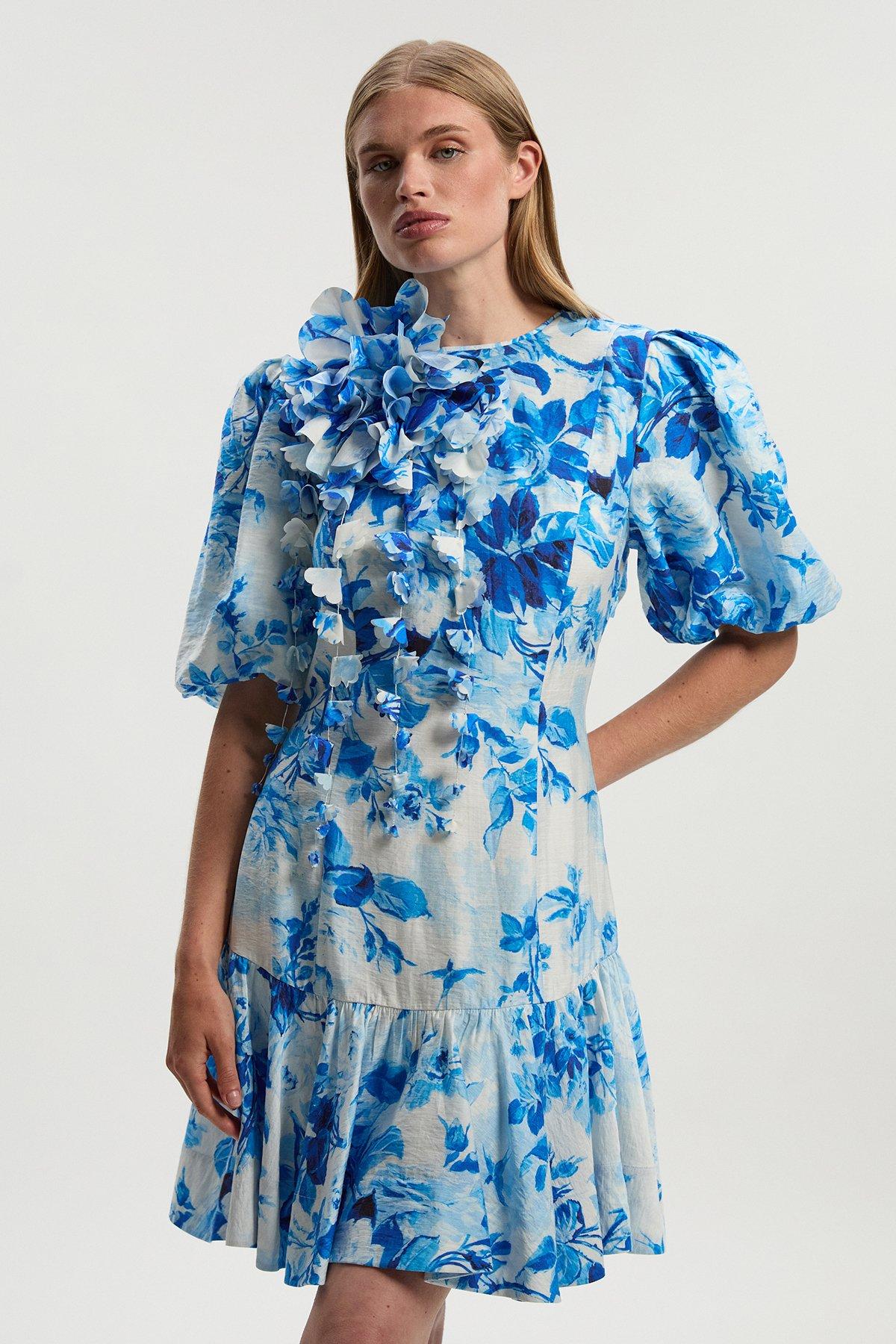 Tall Rosette Ruffle Woven Mini Dress - Blue