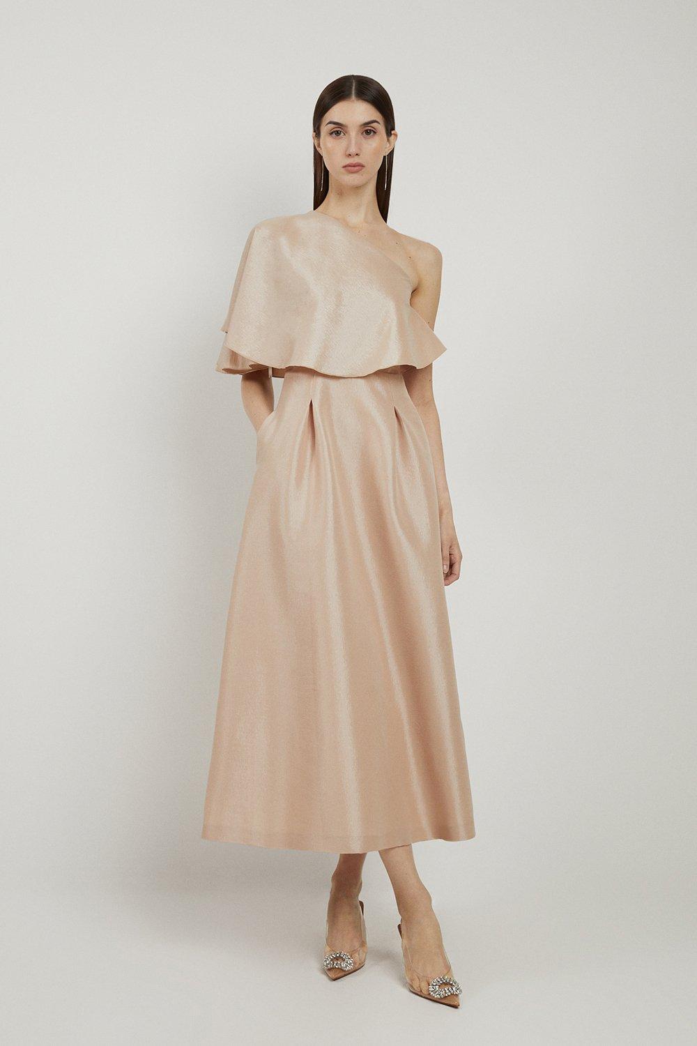 Petite Taffeta One Shoulder Ruffle Midi Dress - Champagne
