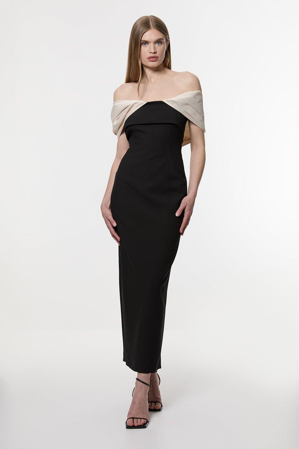 Clean Tailored Taffeta Mix Contrast Drama Sleeve Maxi Dress - Mono
