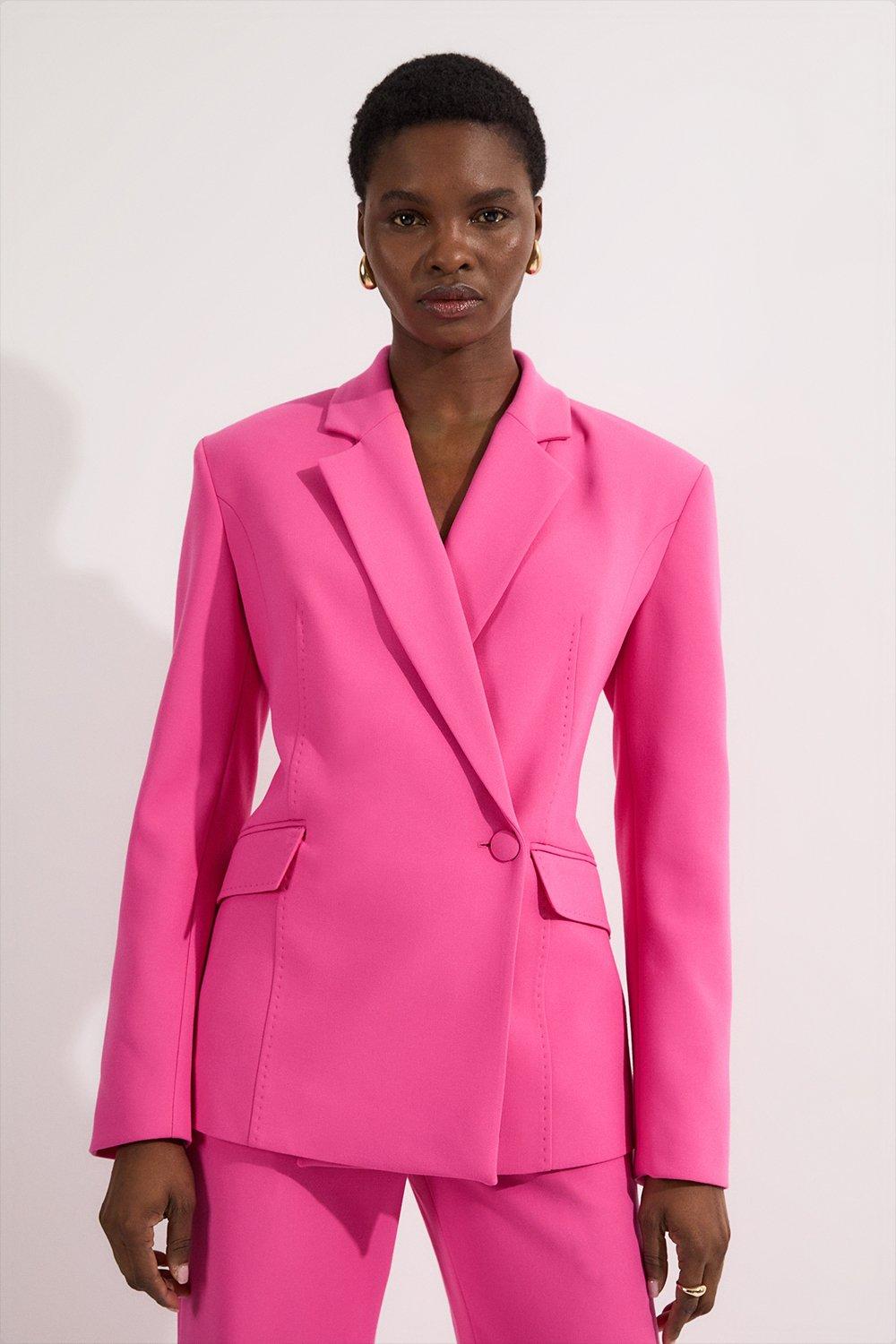 Compact Stretch Stab Stitch Asymmetric Wrap Tailored Blazer - Pink