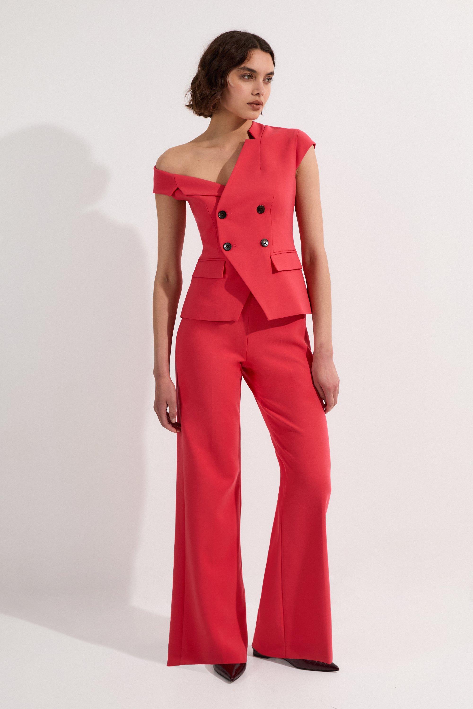 Compact Stretch Asymmetric Collar Wide Leg Tailored Jumpsuit - Pink