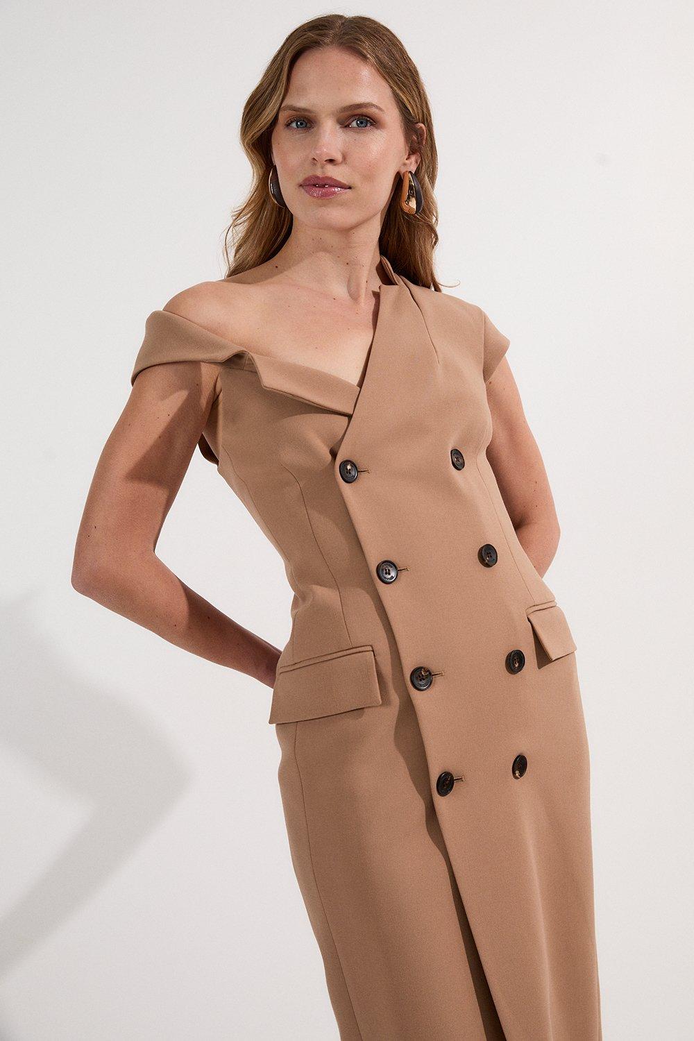 Compact Stretch Asymmetric Collar Tailored Pencil Maxi Dress - Camel