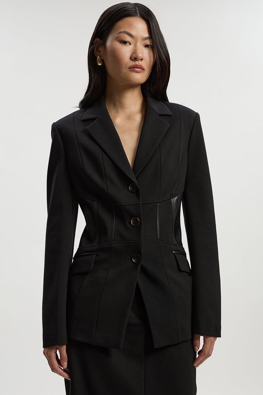 Ponte And Pu Mix Waist Seam Detail Tailored Single Breasted Blazer - Black