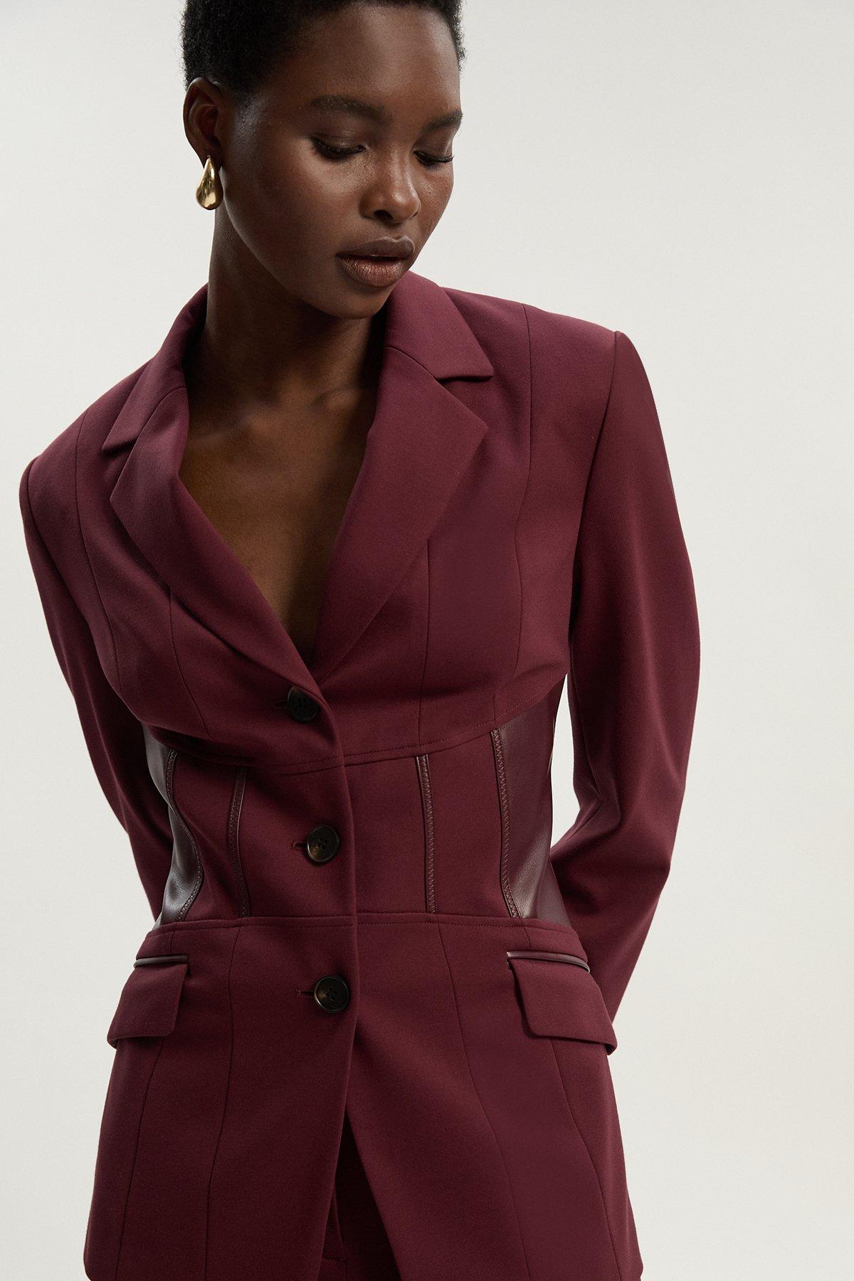 Ponte And Pu Mix Waist Seam Detail Tailored Single Breasted Blazer - Red