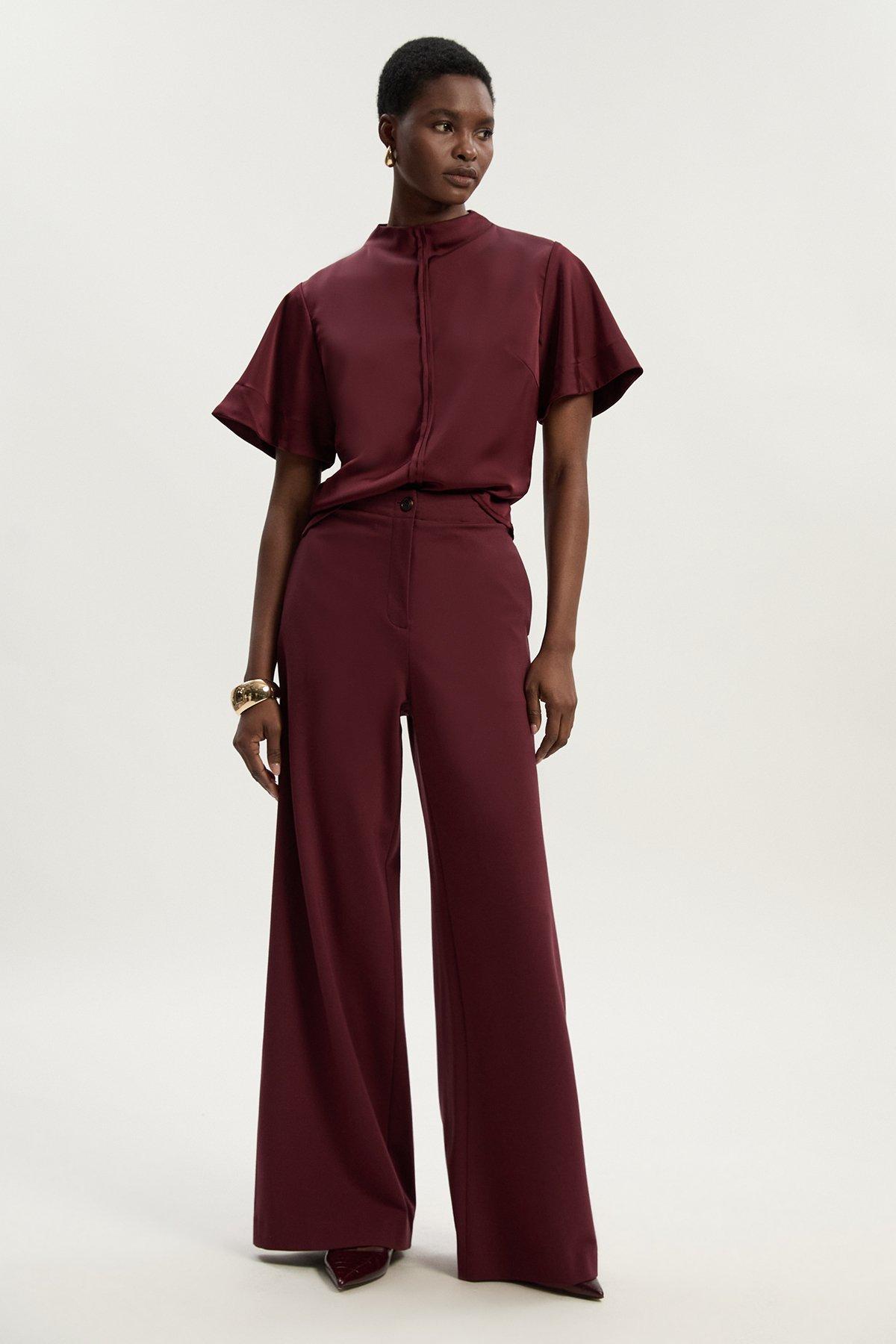 Ponte And Pu Mix Tab Detail Tailored Wide Leg Trouser - Red