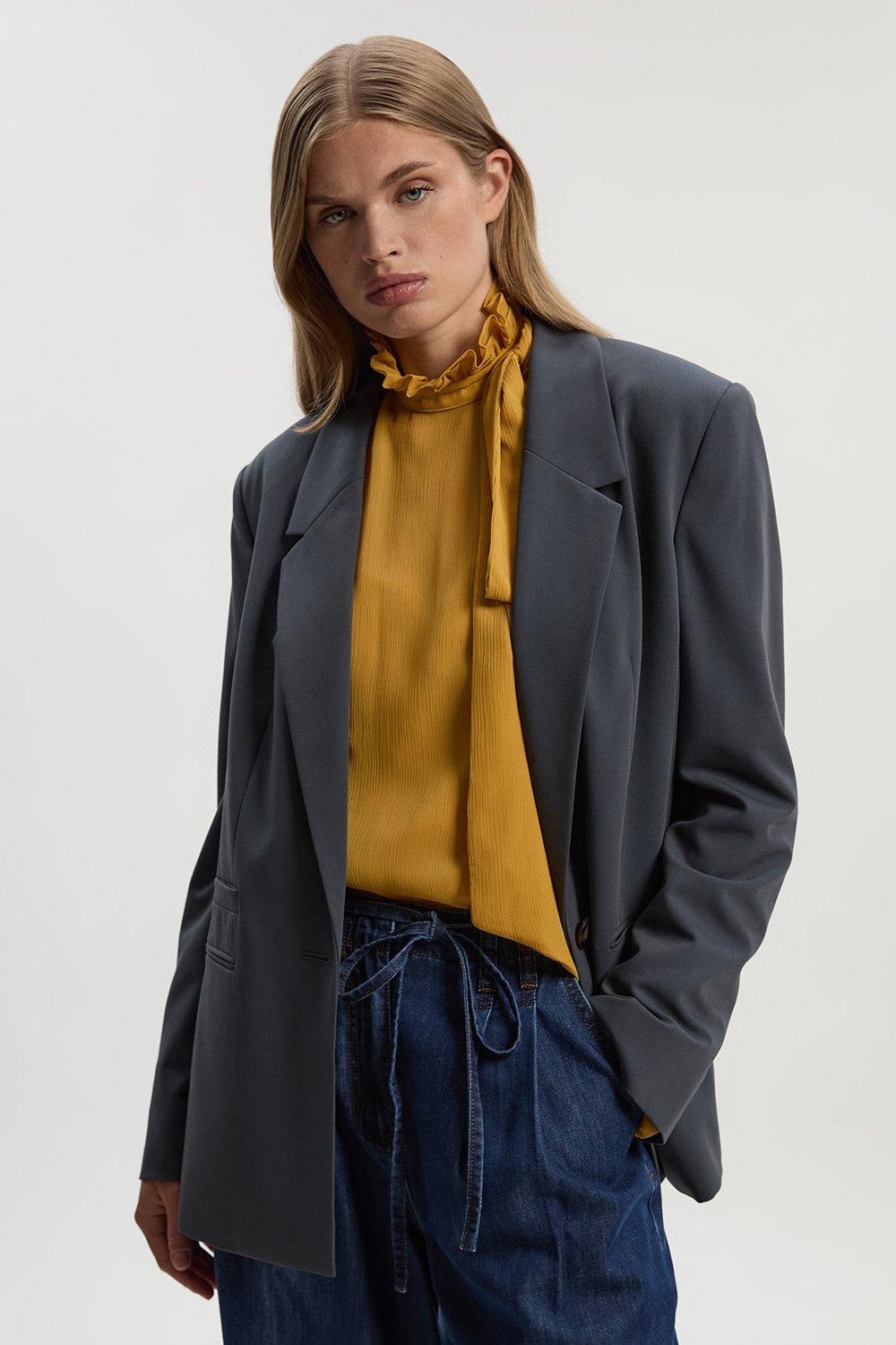 Tailored Twill Essential Single Breasted Oversized Blazer - Grey