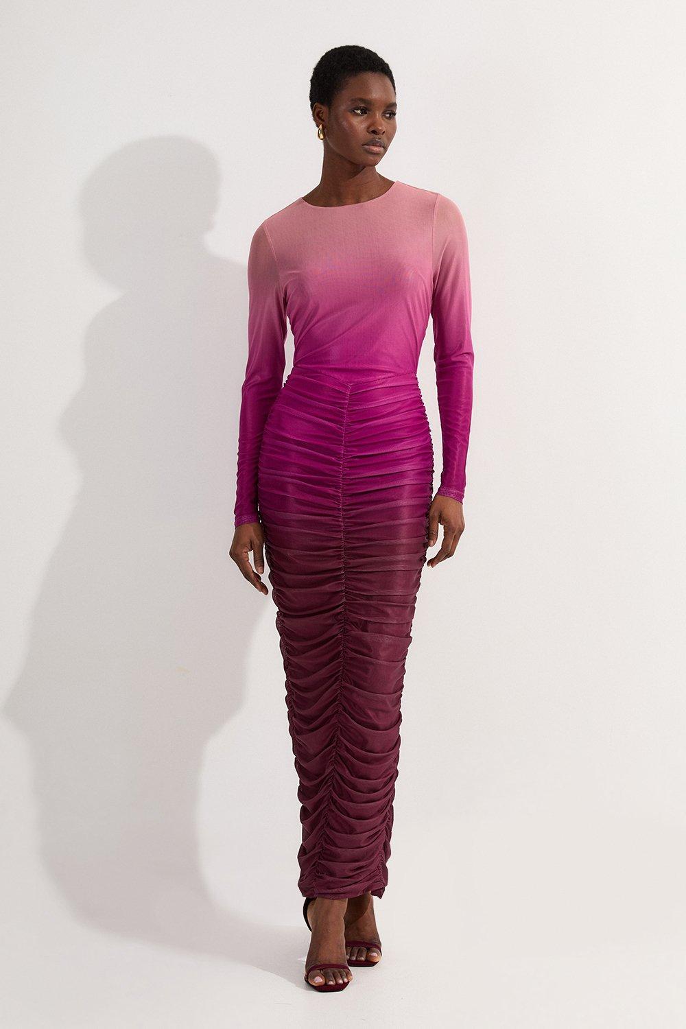 Petite Ombre Printed Mesh Ruched Long Sleeve Maxi Dress - Pink