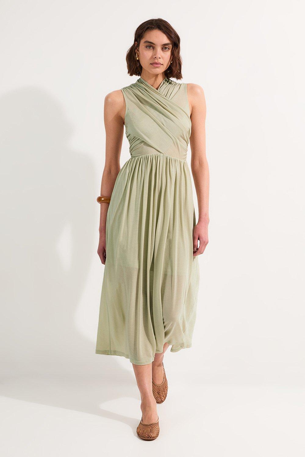Premium Tencel Jersey Wrap Detail Midi Dress - Sage