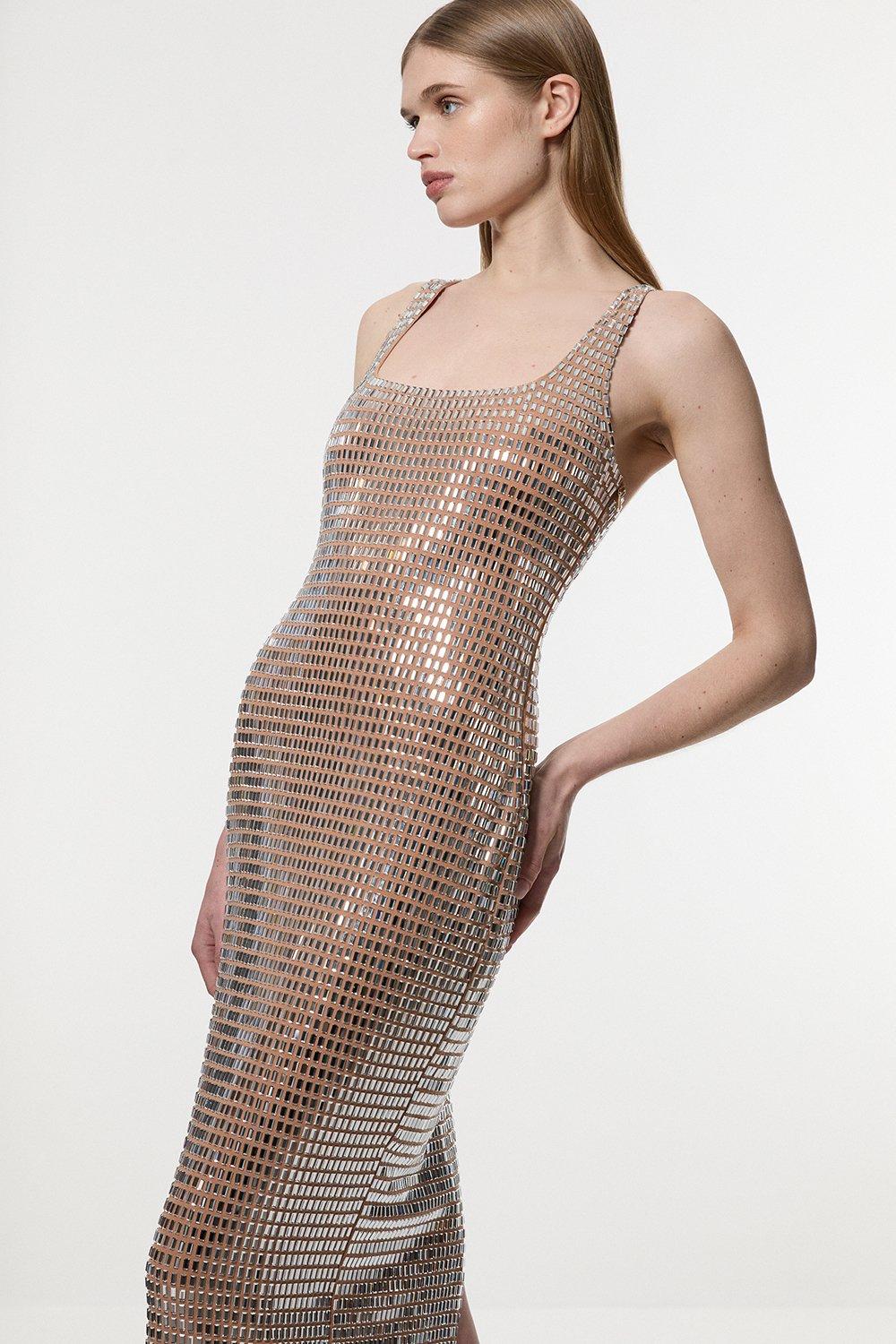 Premium Crystal Embellished Jersey Midi Dress - Nude