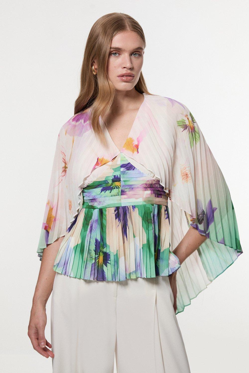 Pleated Floral Cape Sleeve Plunge Neck Woven Top - Ivory