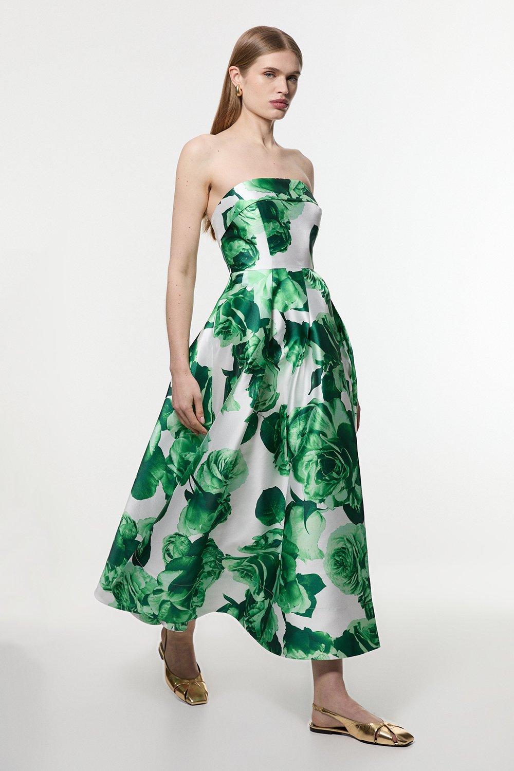 Green Rose Twill Maxi Split Prom Dress - Green