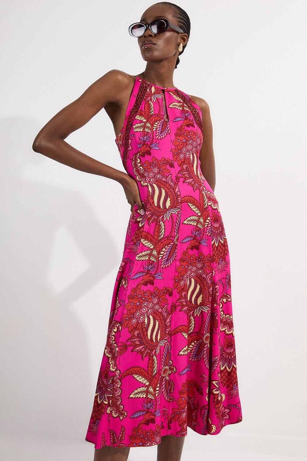 Petite Viscose Floral Print Linen Lace Trim Insert Woven Halter Neck Maxi Dress - Pink