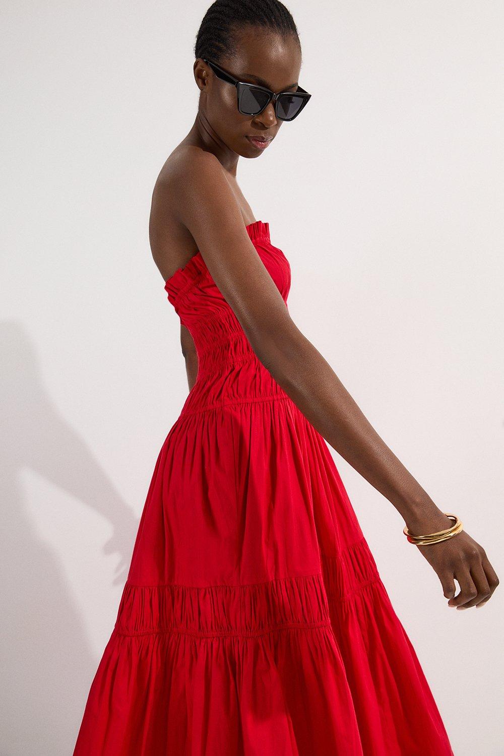 Shirred Cotton Tiered Bandeau Woven Maxi Dress - Red