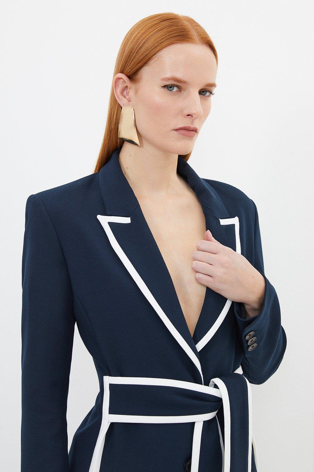 Petite Compact Stretch Tailored Belted Tipped Detail Blazer - Navy
