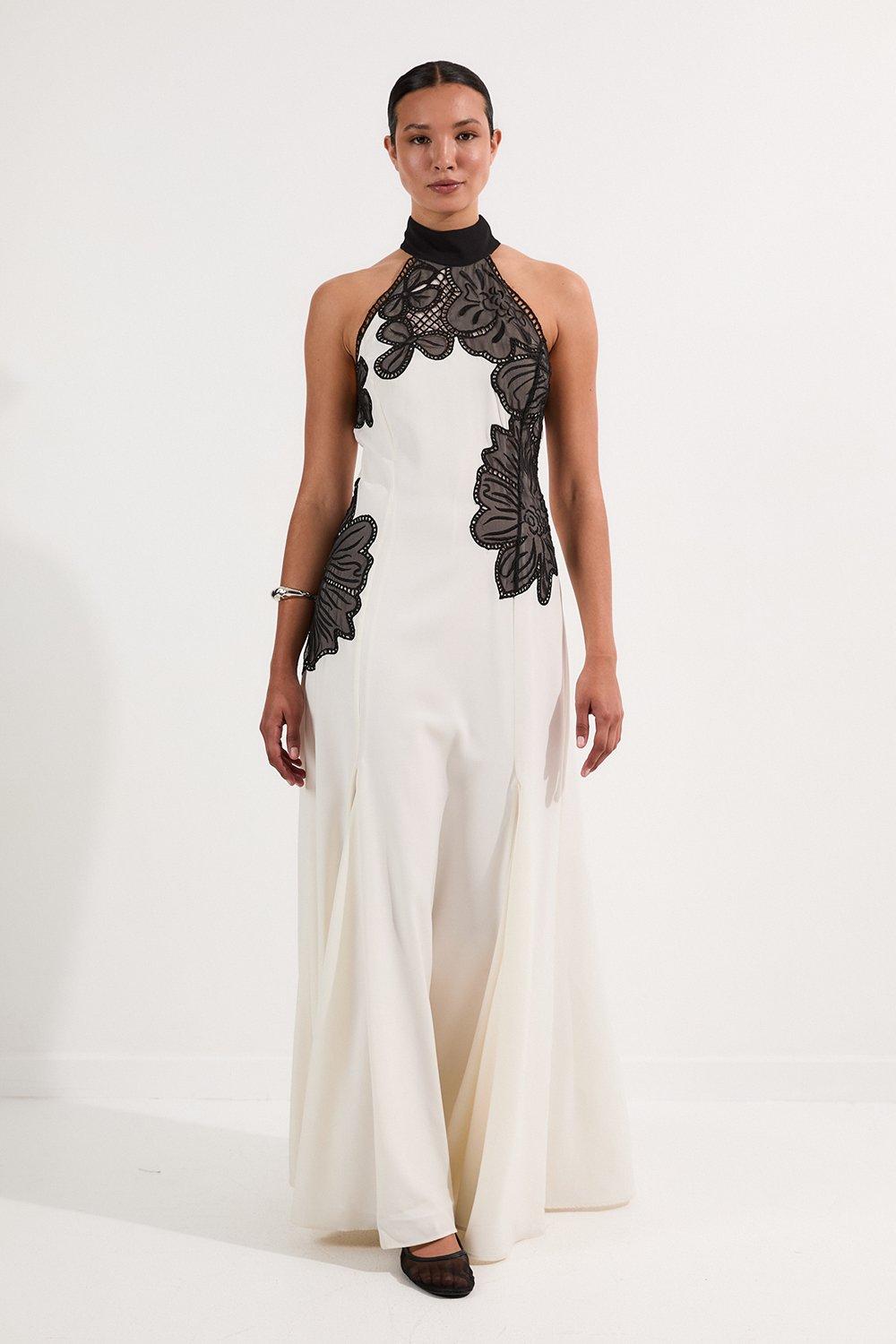 Embroidered Applique Crepe Halter Woven Maxi Dress - Ivory