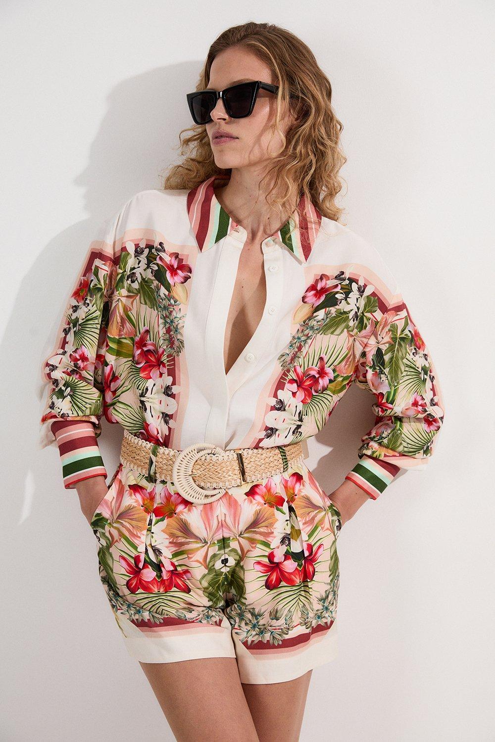 Tall Mirrored Viscose Linen Floral Print Woven Shirt