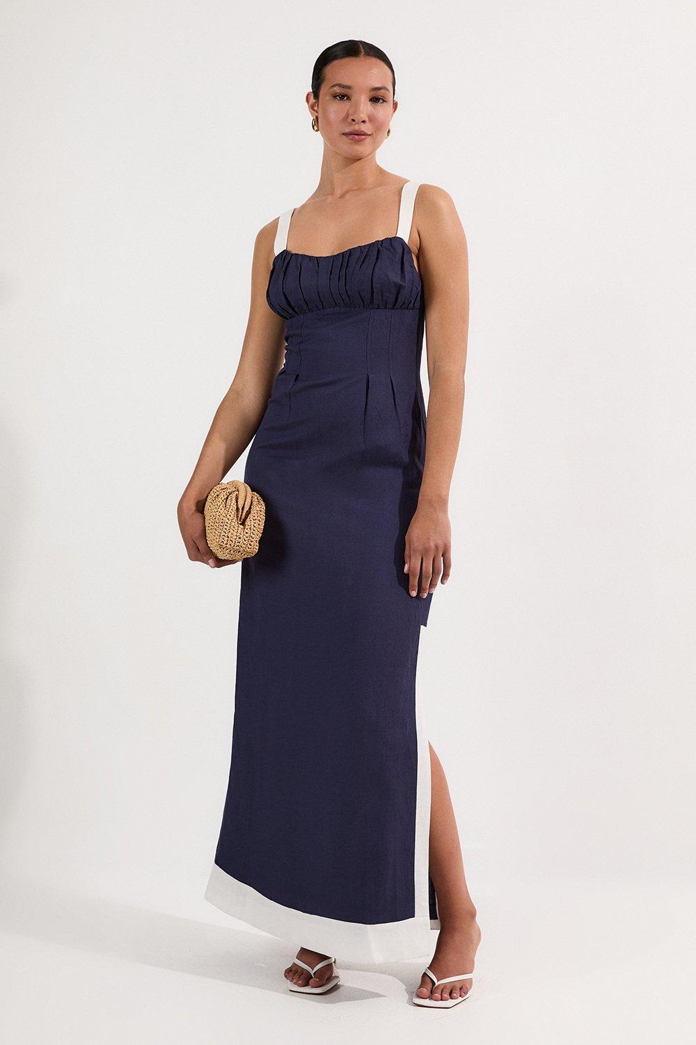 Tall Linen Viscose Colour Block Strappy Woven Midi Dress - Navy