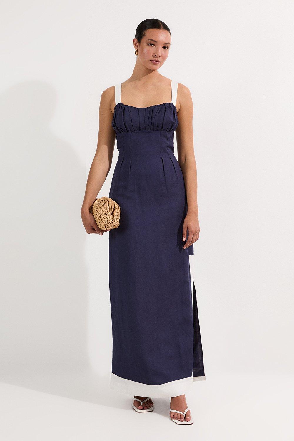 Linen Viscose Colour Block Strappy Woven Midi Dress - Navy