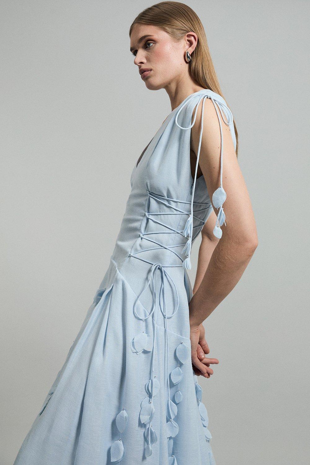 Petite Applique Lace Up Maxi Woven Dress - Blue