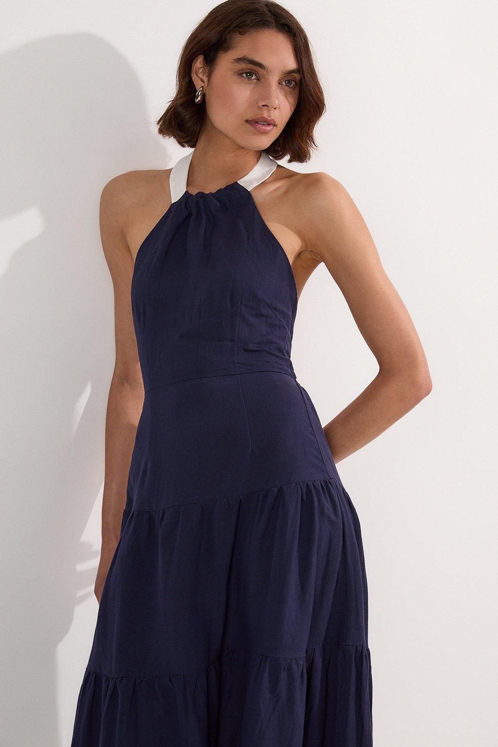 Petite Linen Viscose Colour Block Woven Tiered Halter Maxi Dress - Navy