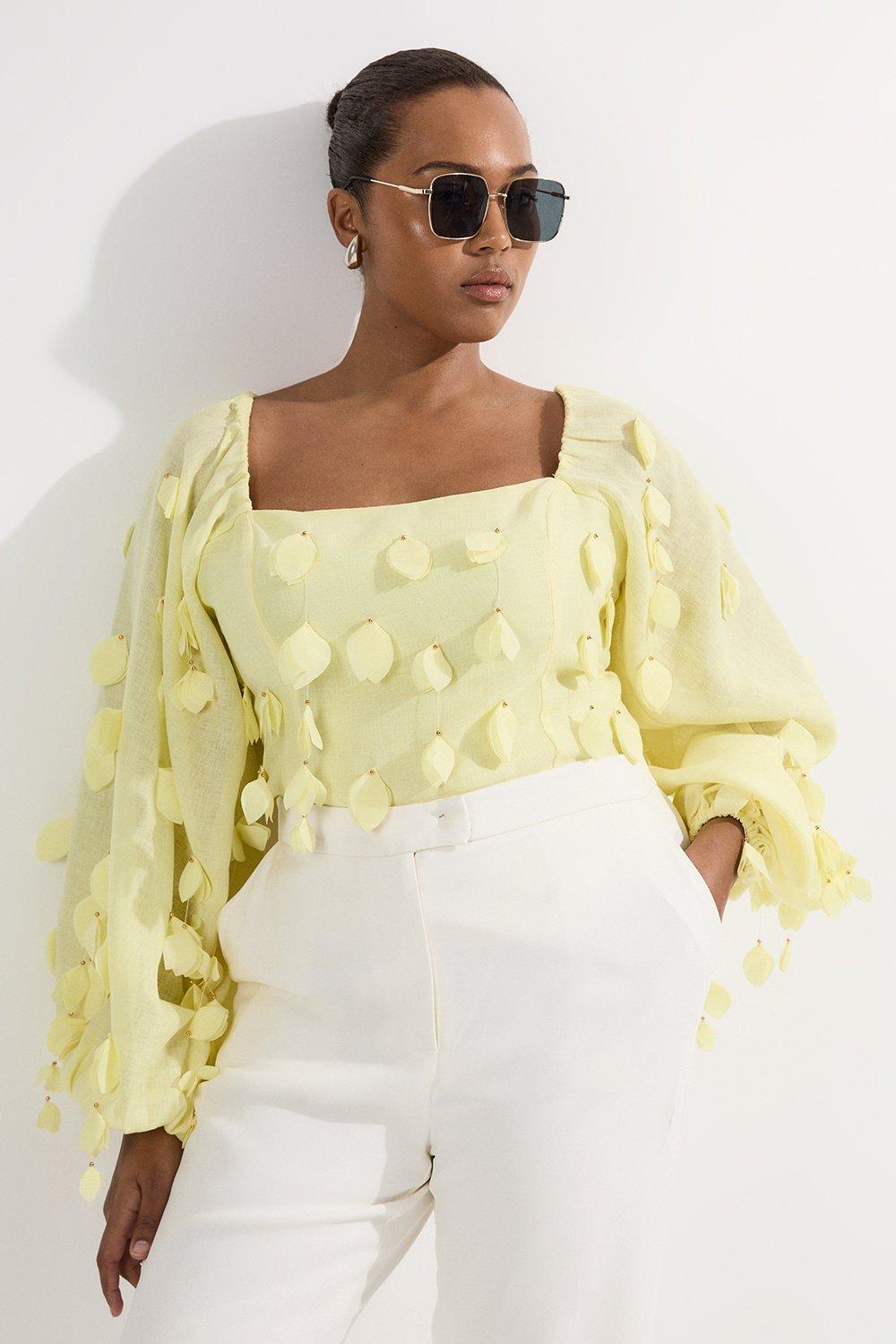 Plus Size Applique Balloon Sleeve Woven Top - Yellow