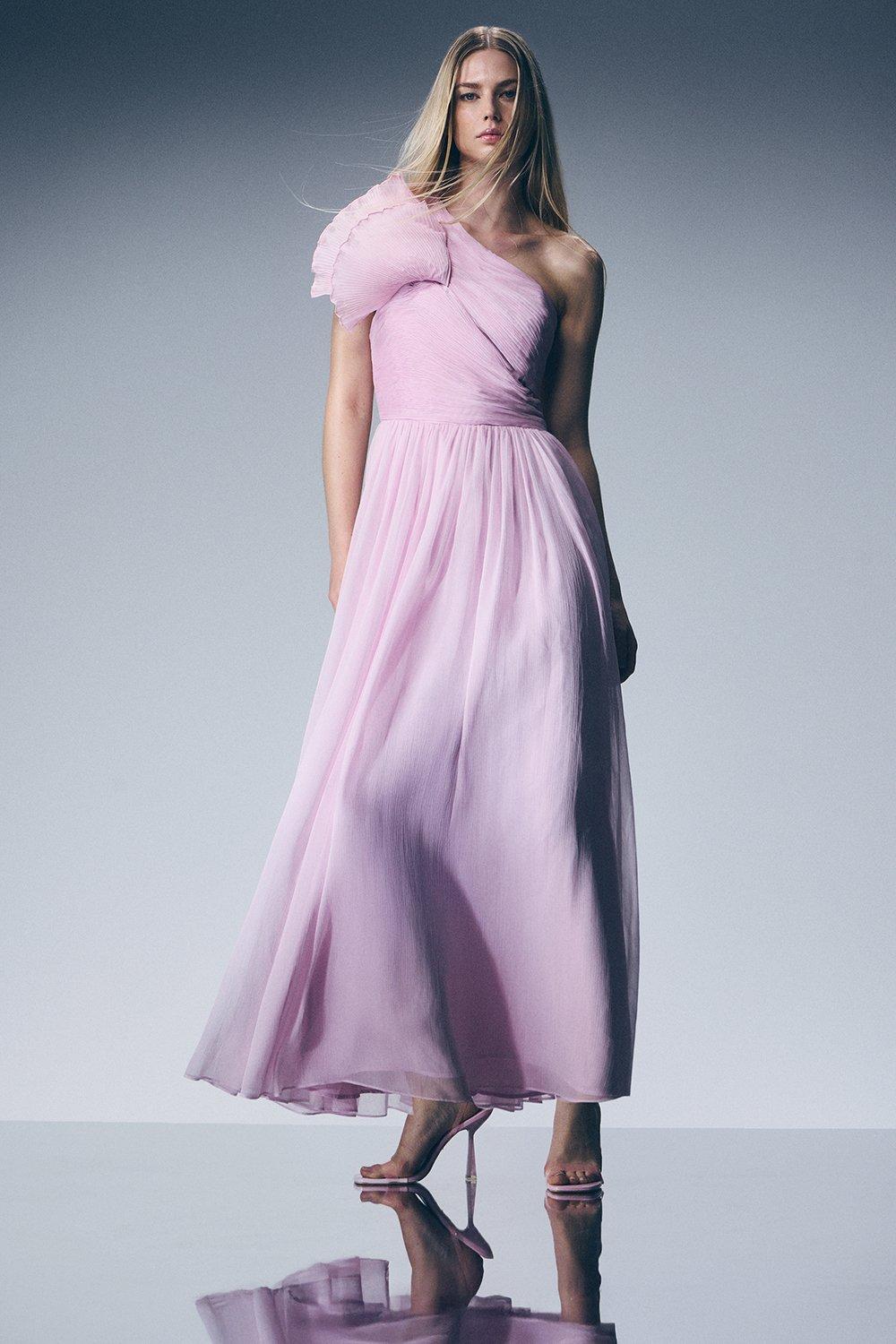 Digital Ophelia Crinkle Georgette Fine Pleated One Shoulder Woven Maxi Dress – Pink