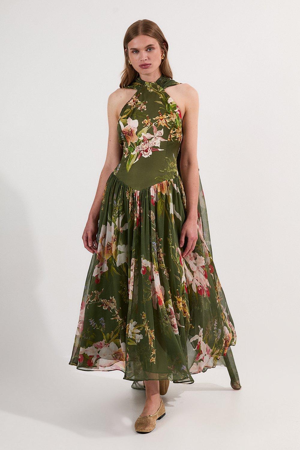 Garden Floral Viscose Georgette Satin Mix Slip Maxi Dress - Green