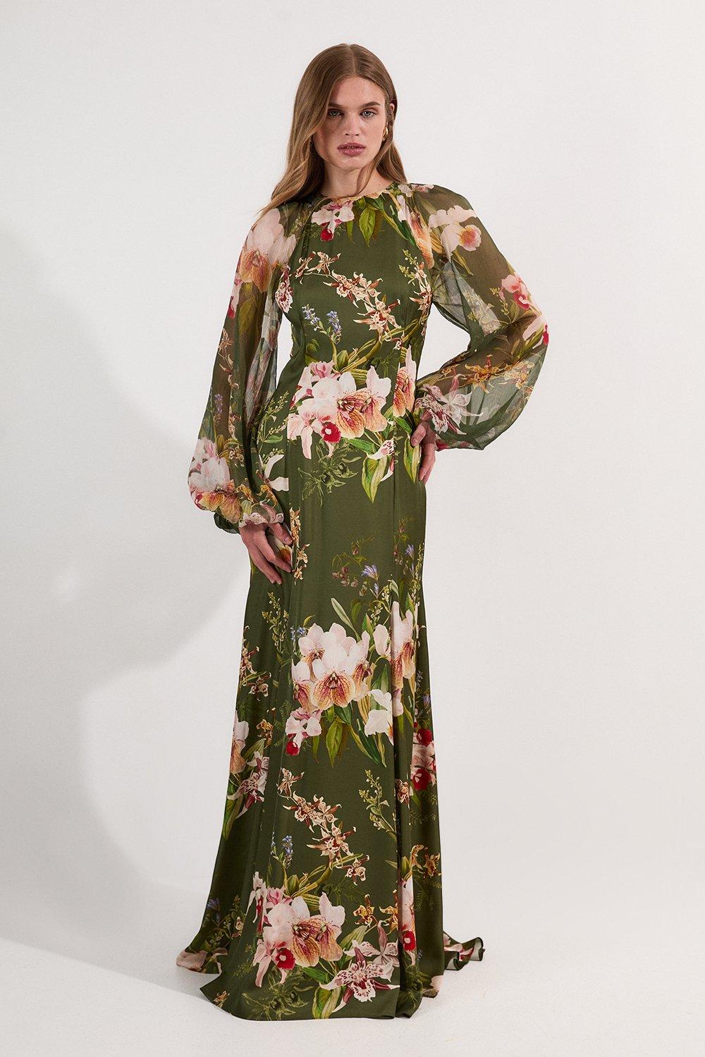 Garden Floral Viscose Georgette Satin Mix Maxi Dress - Green