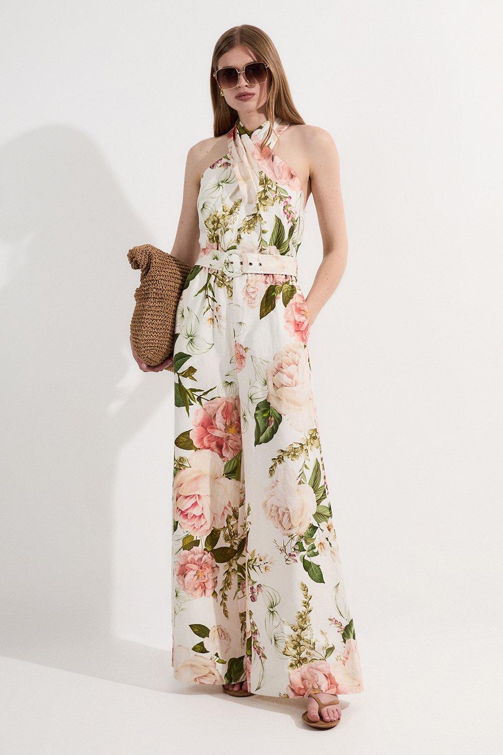 Linen Viscose Cross Front Woven Belted Jumpsuit - Floral