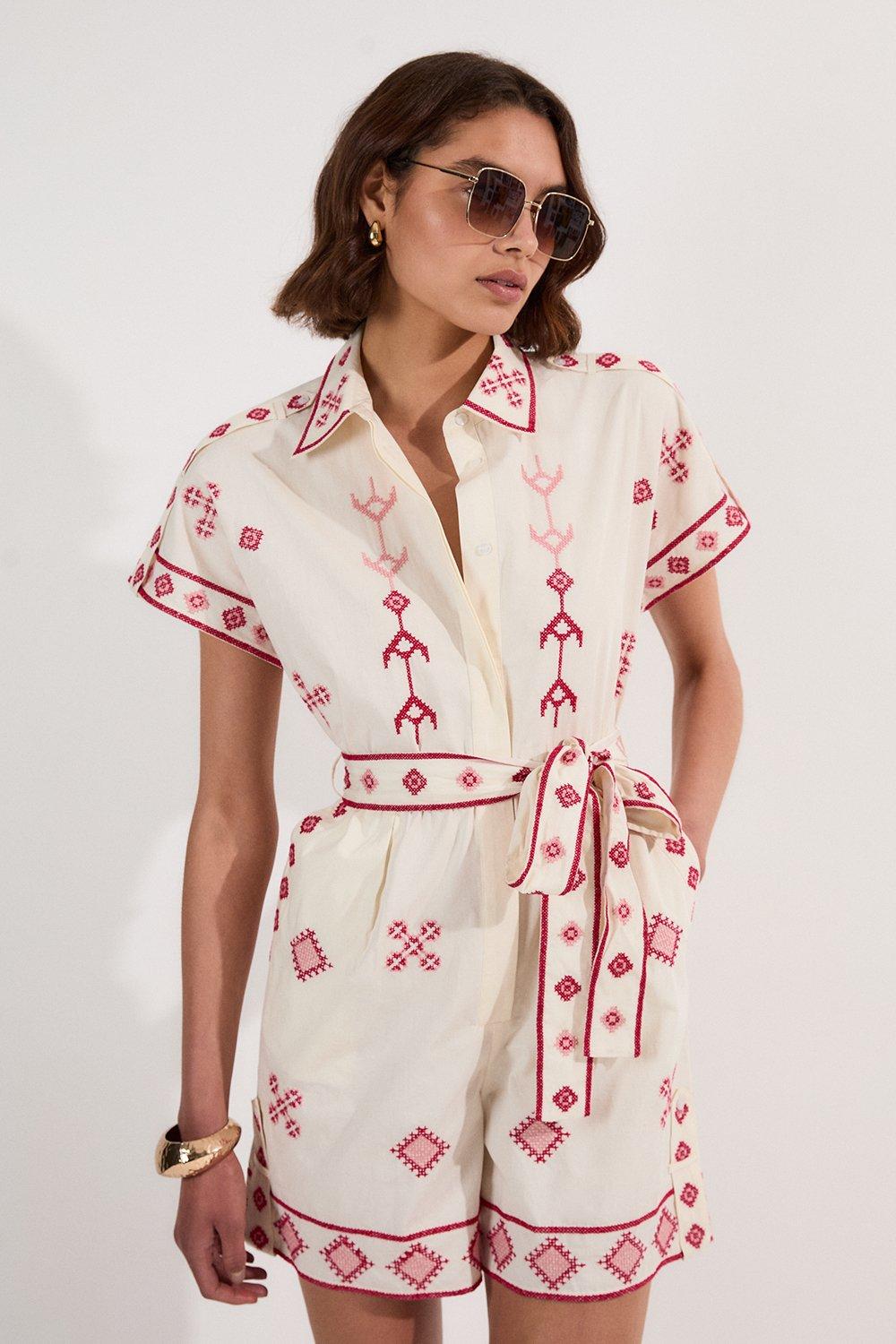 Petite Cotton Embroidered Woven Playsuit - Ivory