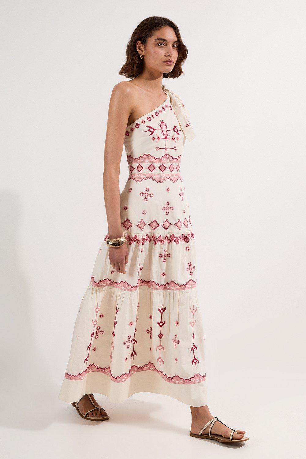 Cotton Embroidered Woven One Shoulder Maxi Dress - Ivory