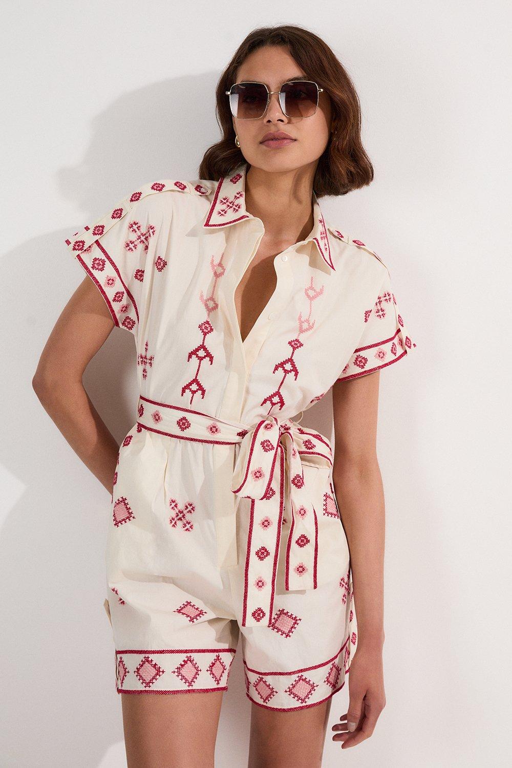 Cotton Embroidered Woven Playsuit - Ivory
