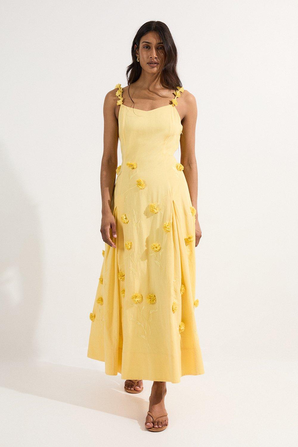 Cotton Applique Strappy Woven Maxi Dress - Yellow