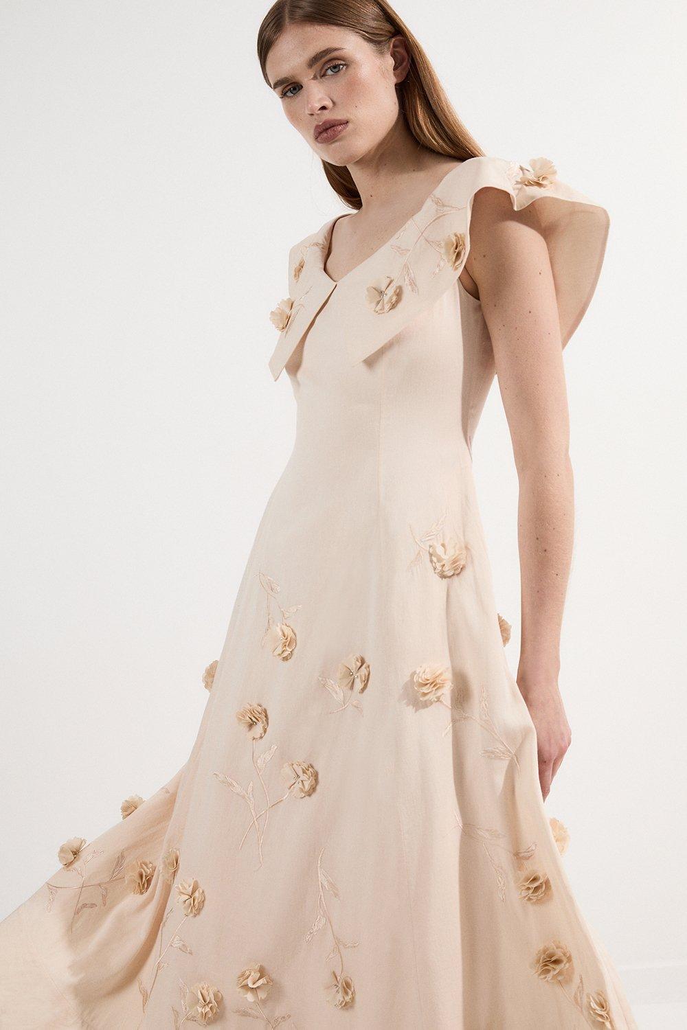 Scattered 3D Floral Applique Woven Midi - Taupe