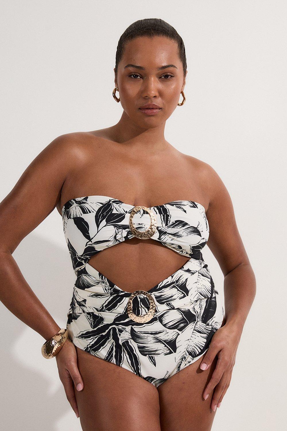 Plus Size Slinky Palm Print Cut Out Swimsuit - Mono