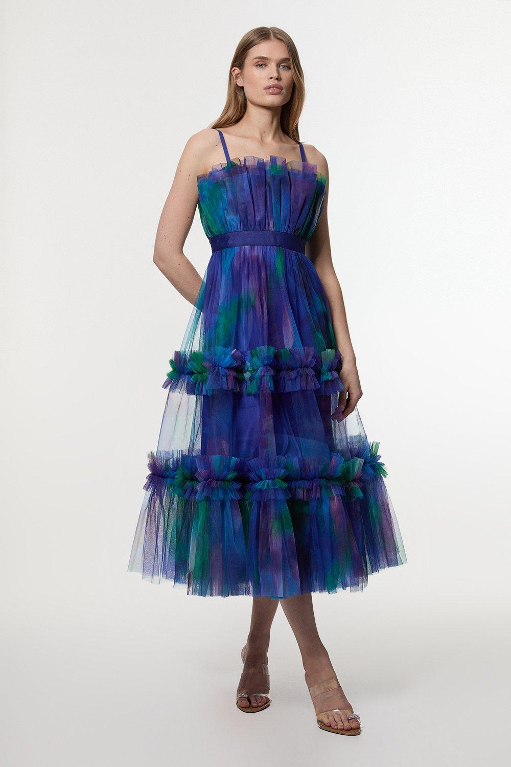 Dark Floral Tulle Bandeau Tiered Midi Woven Dress - Blue
