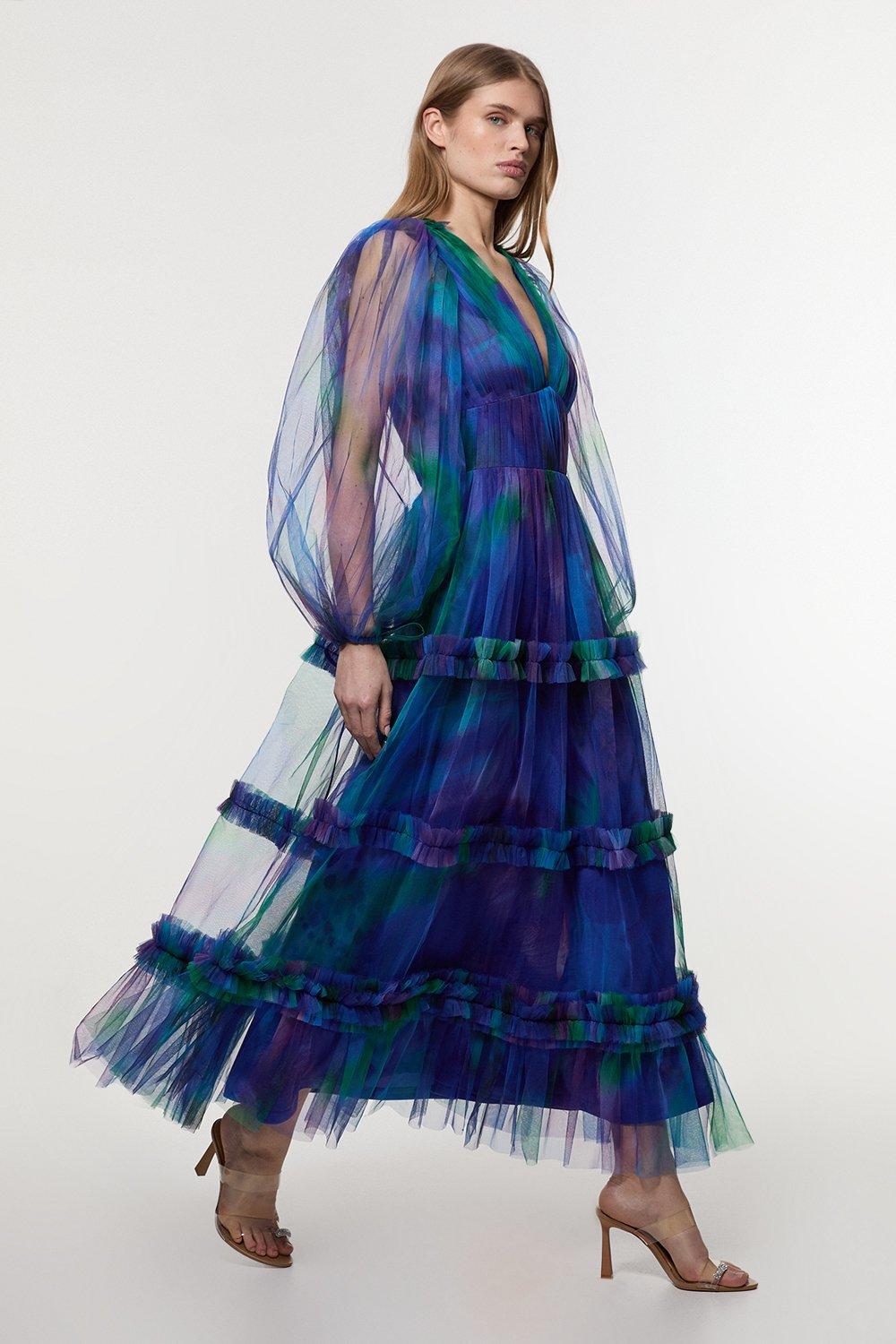 Dark Floral Tulle Plunge Balloon Sleeve Maxi Dress - Blue