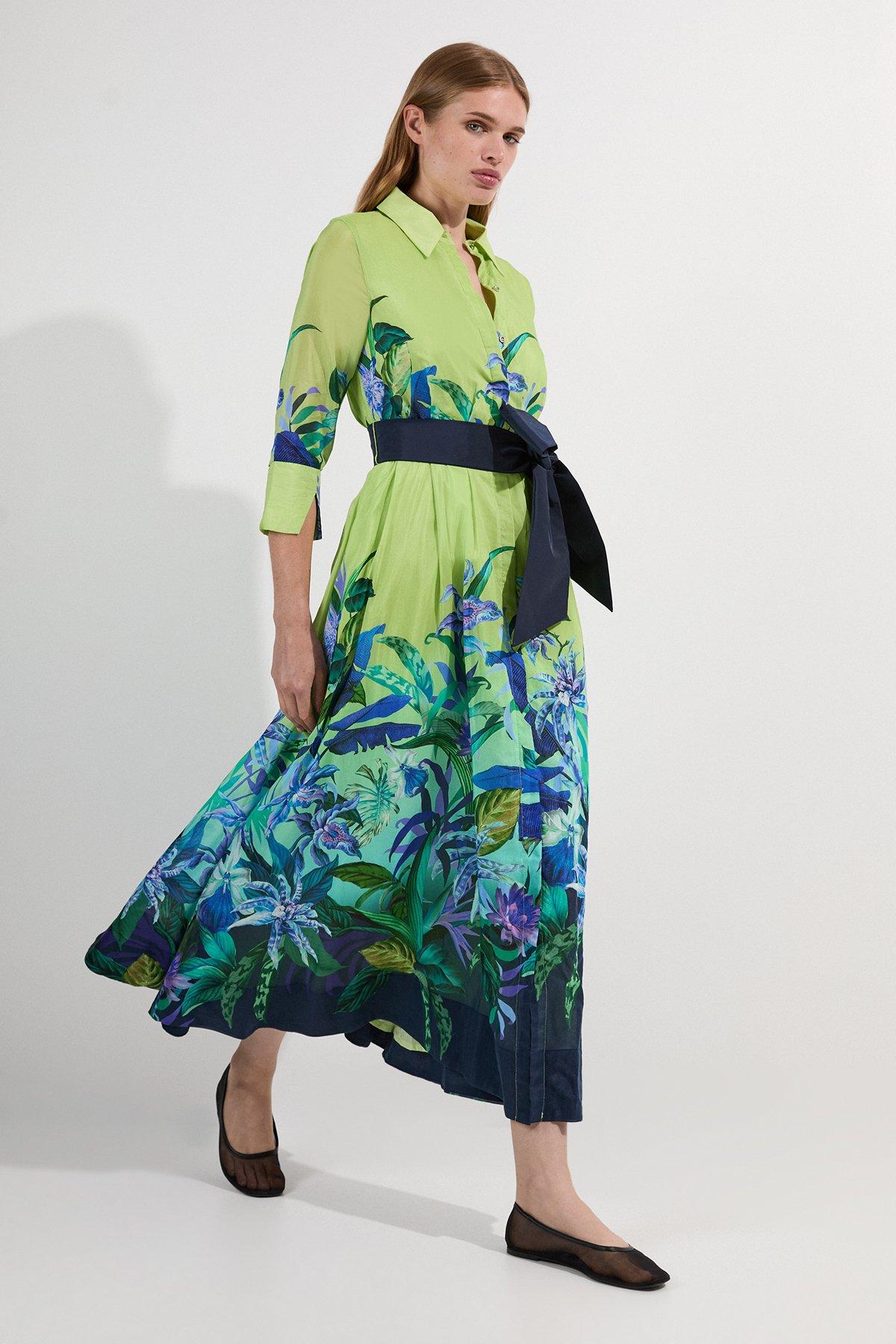 Tropical Floral Silk Cotton Woven Shirt Midi Dress - Green