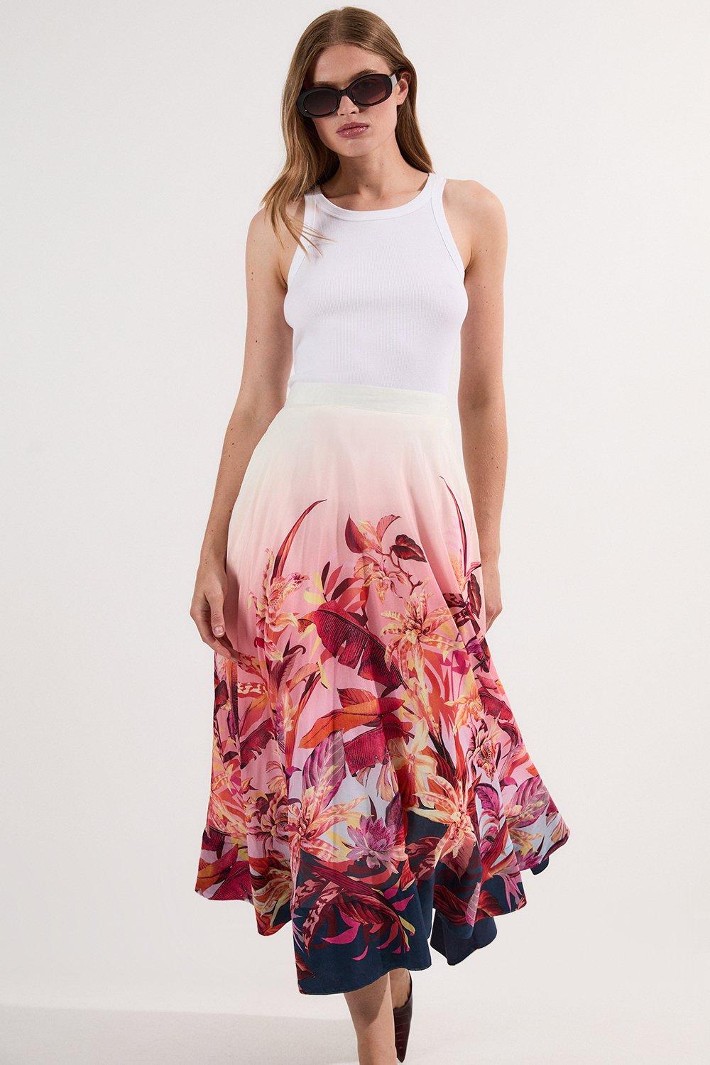 Petite Tropical Floral Silk Cotton Woven Prom Skirt - Pink