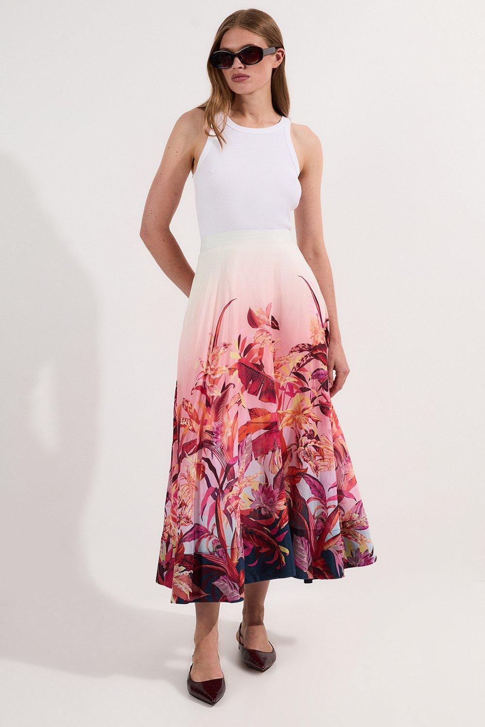 Tropical Floral Silk Cotton Woven Prom Skirt - Pink