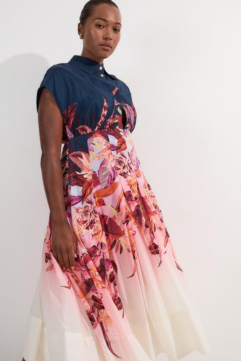 Plus Size Tropical Floral Silk Cotton Woven High Neck Woven Maxi Dress - Pink