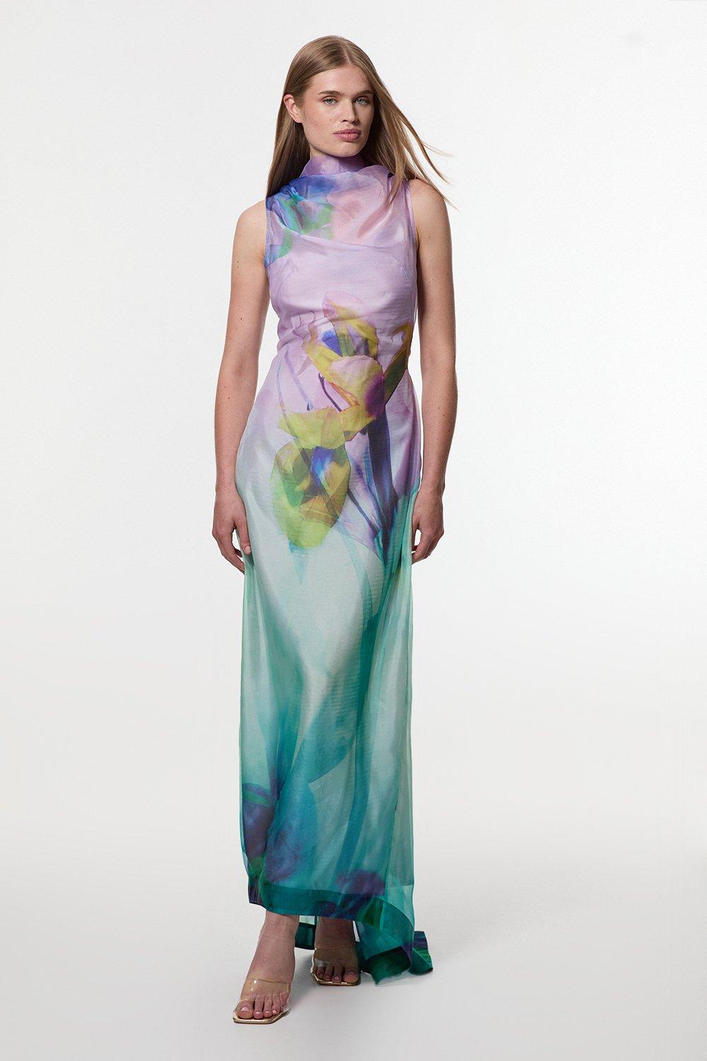 Petite Digital Ophelia Organdie High Neck Maxi Dress - Floral