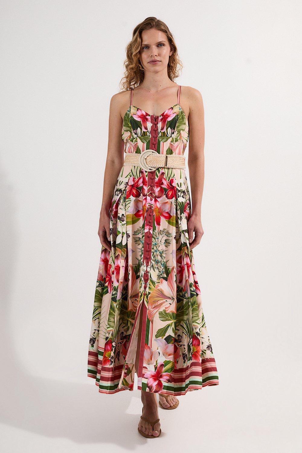 Petite Mirrored Viscose Linen Floral Print Woven Maxi Dress