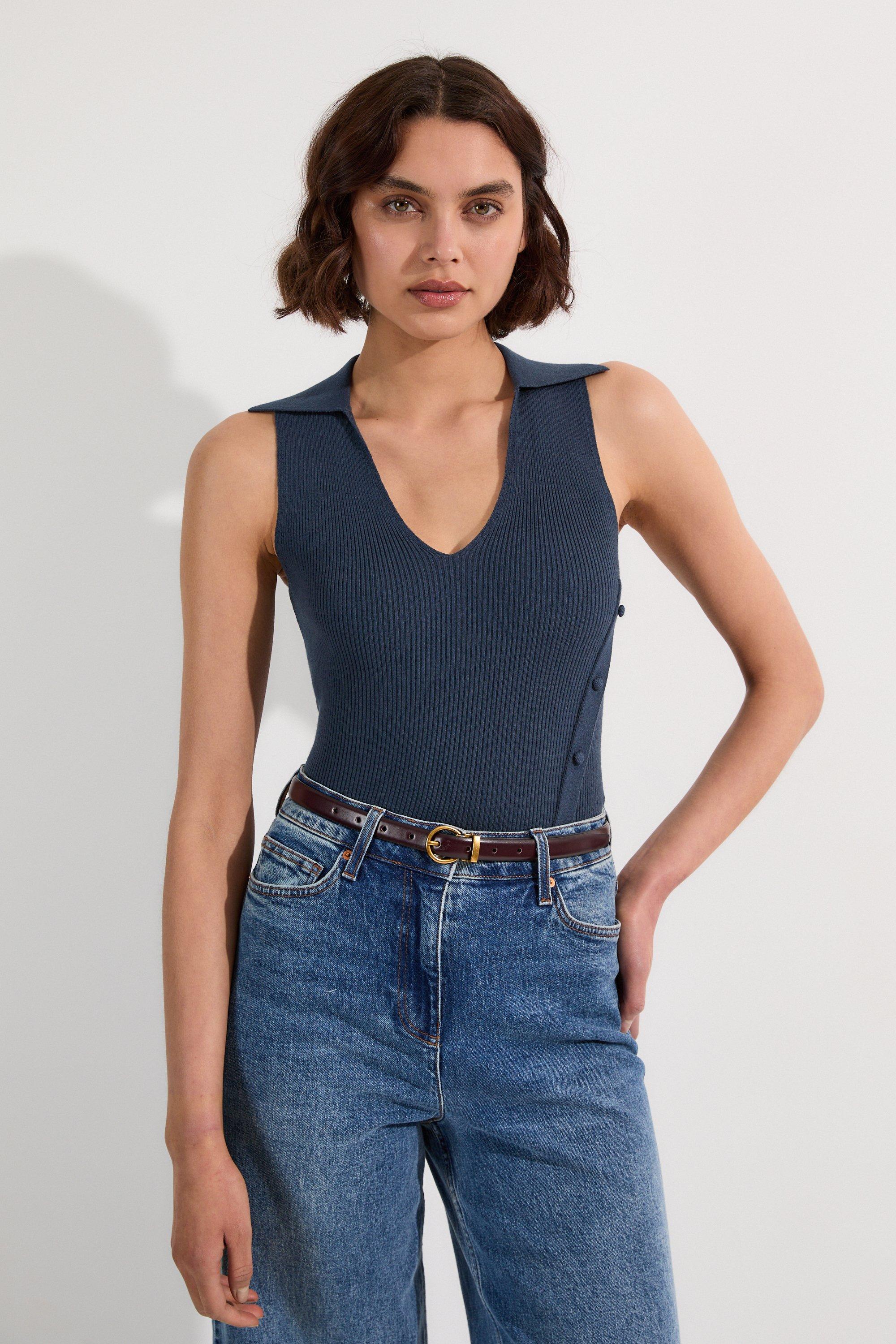 Rib Knit vest With Button Detail - Blue