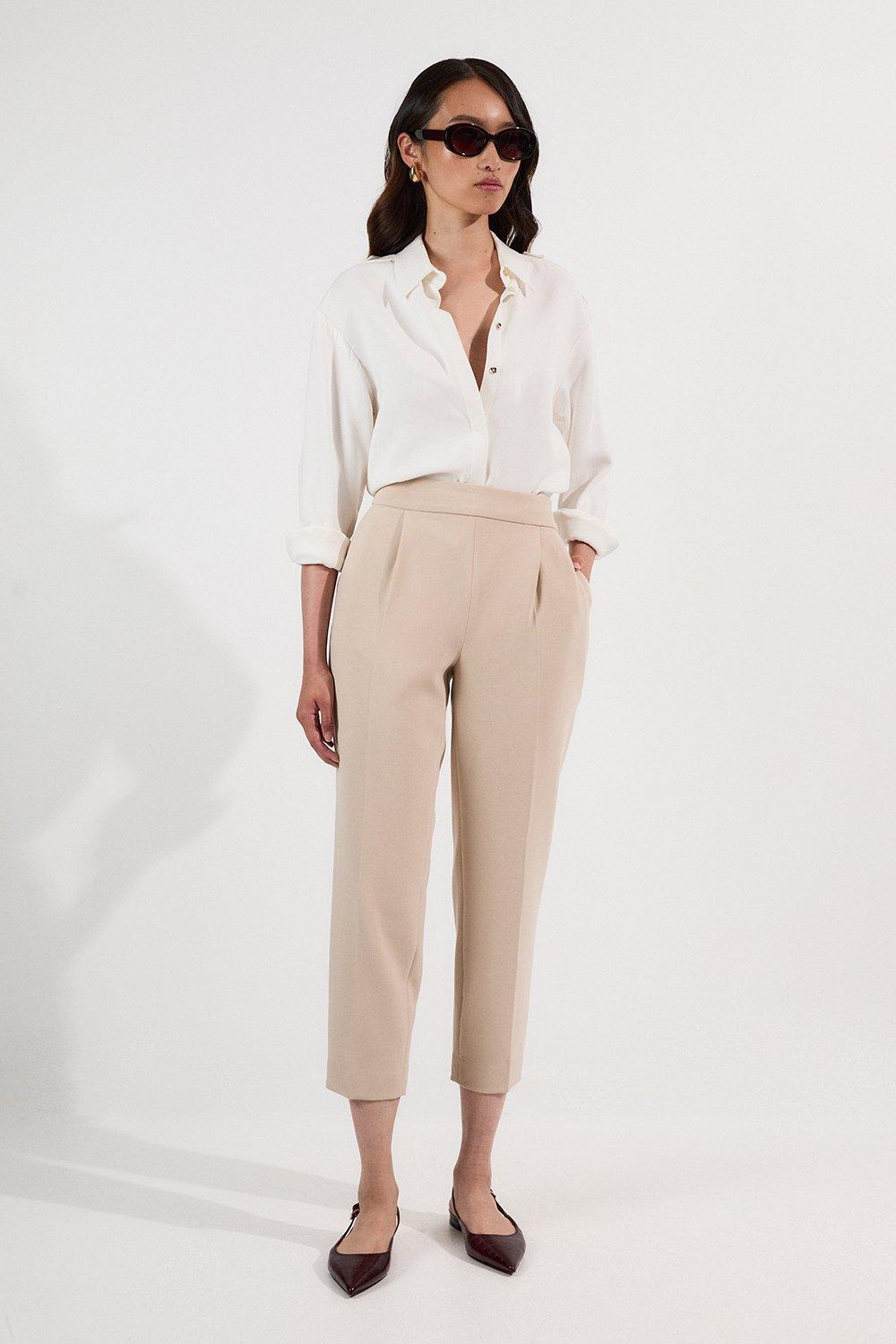 Compact Stretch Essential Tailored High Waist Slim Leg Trouser - Beige