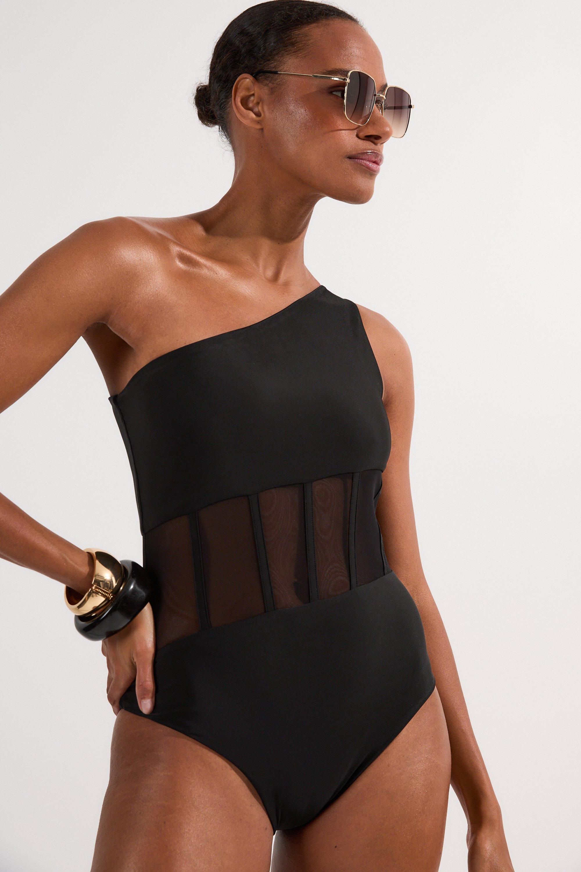 One Shoulder Ribbed Mesh Detail Swimsuit - Black
