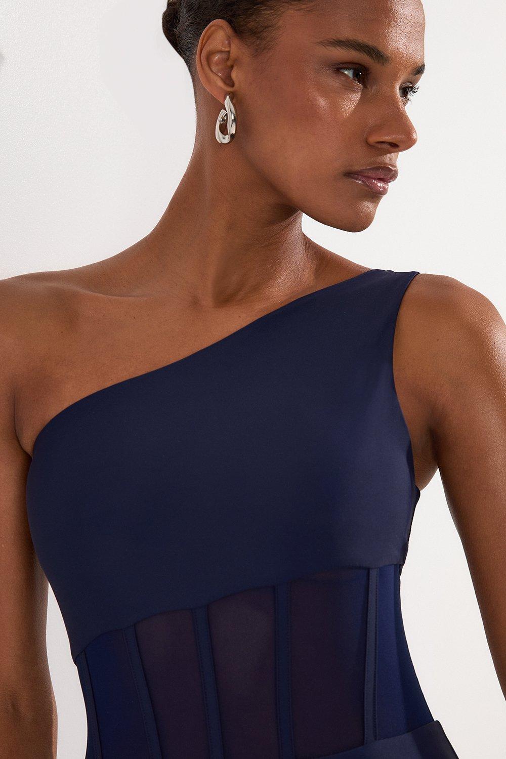 One Shoulder Ribbed Mesh Detail Swimsuit - Navy