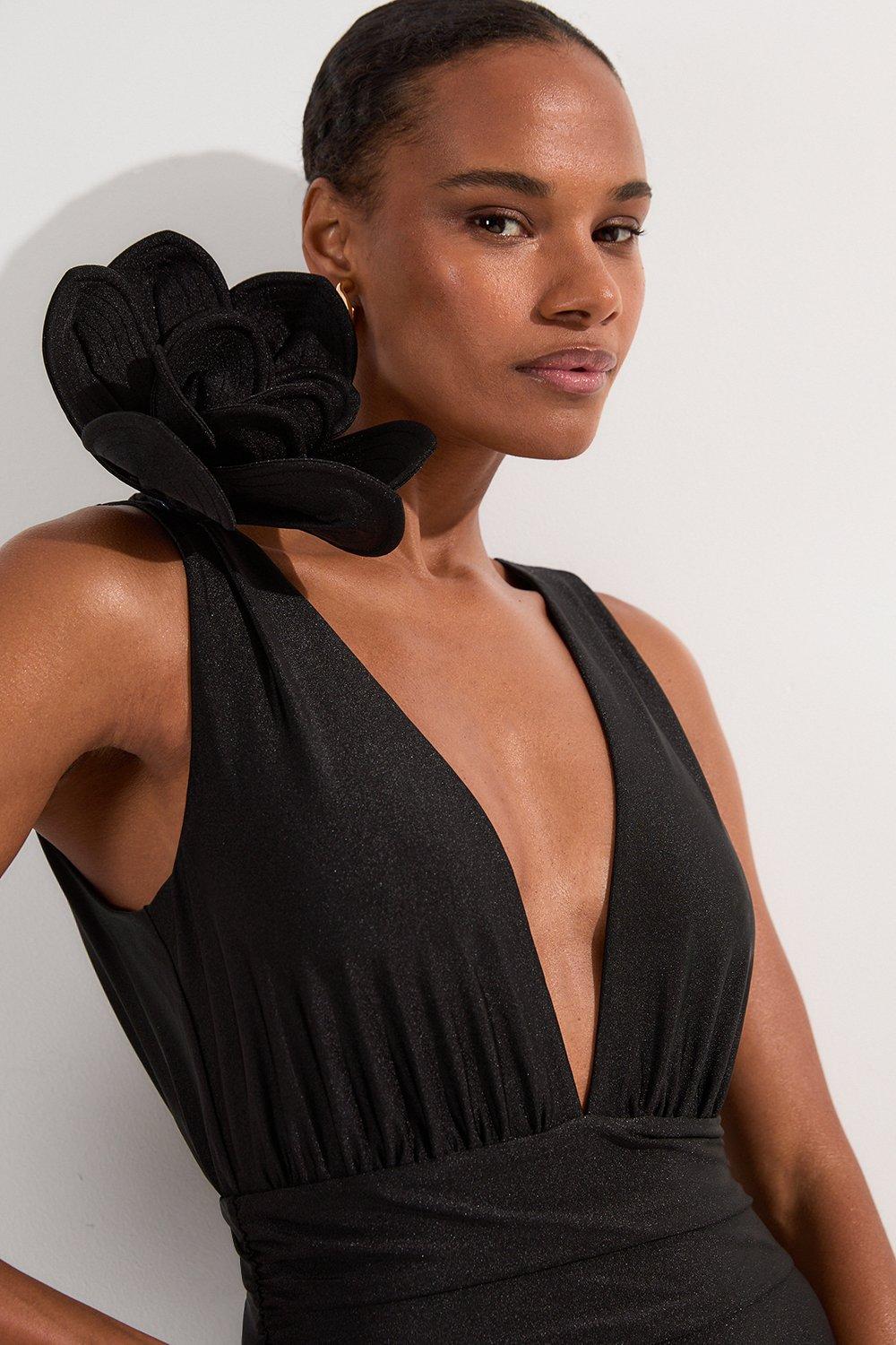 Flower Corsage Plunge Swimsuit - Black