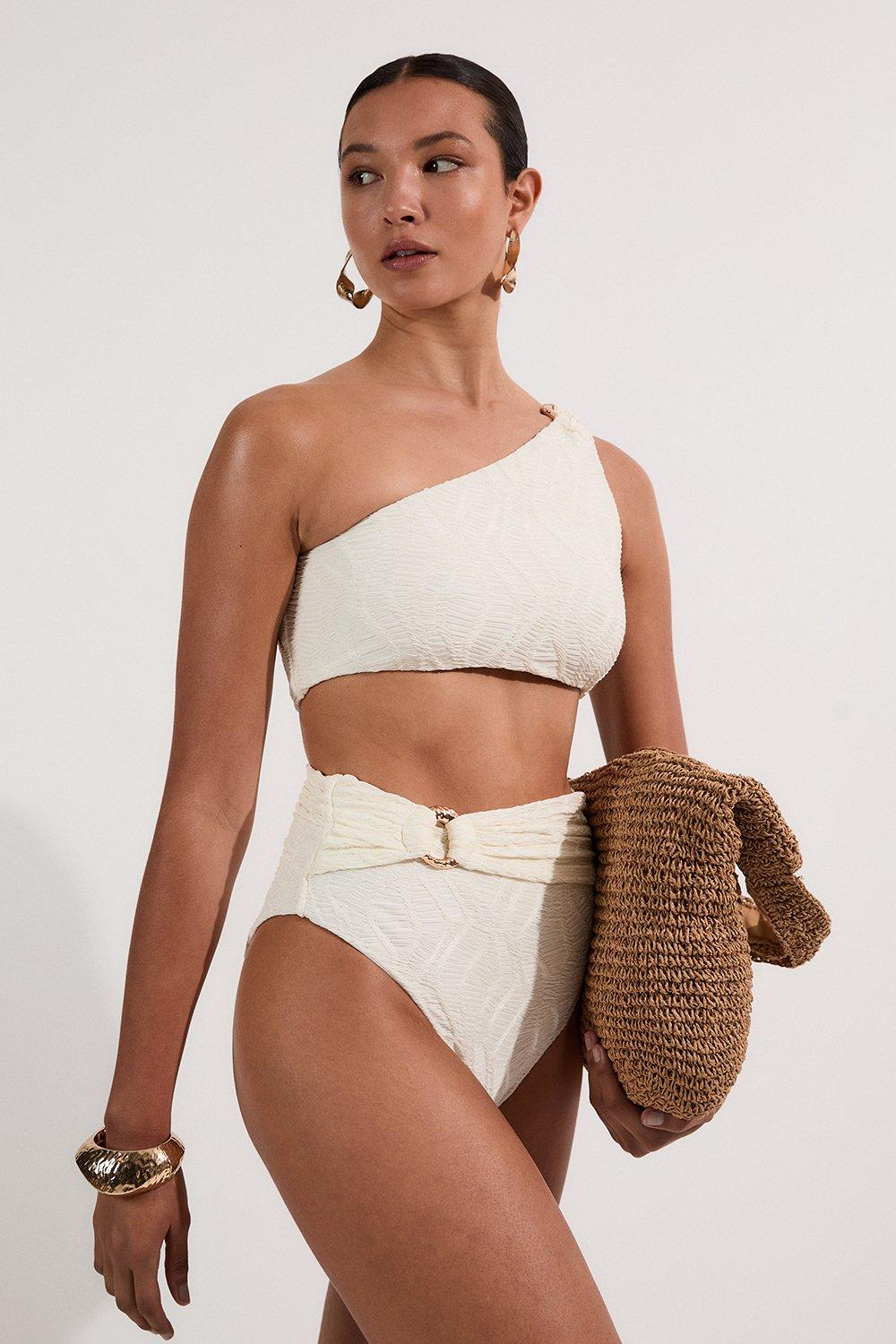 Textured Gold Trim Bikini Bottoms - Cream