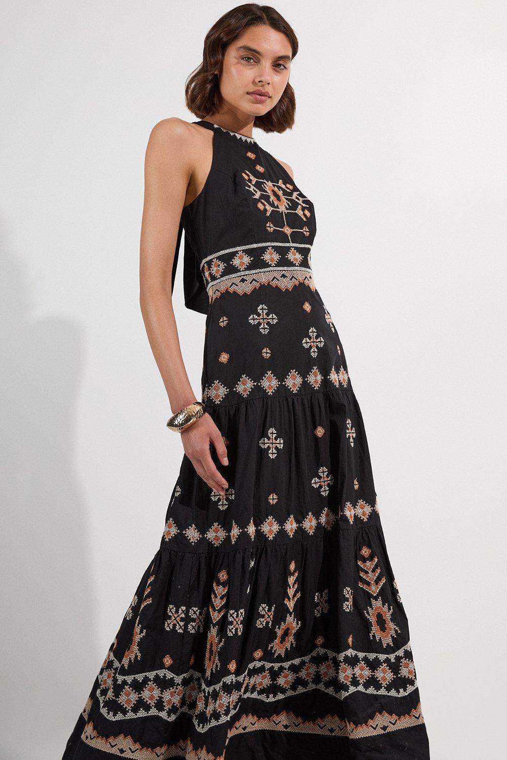 Cotton Embroidered Woven Halter Maxi Dress - Black